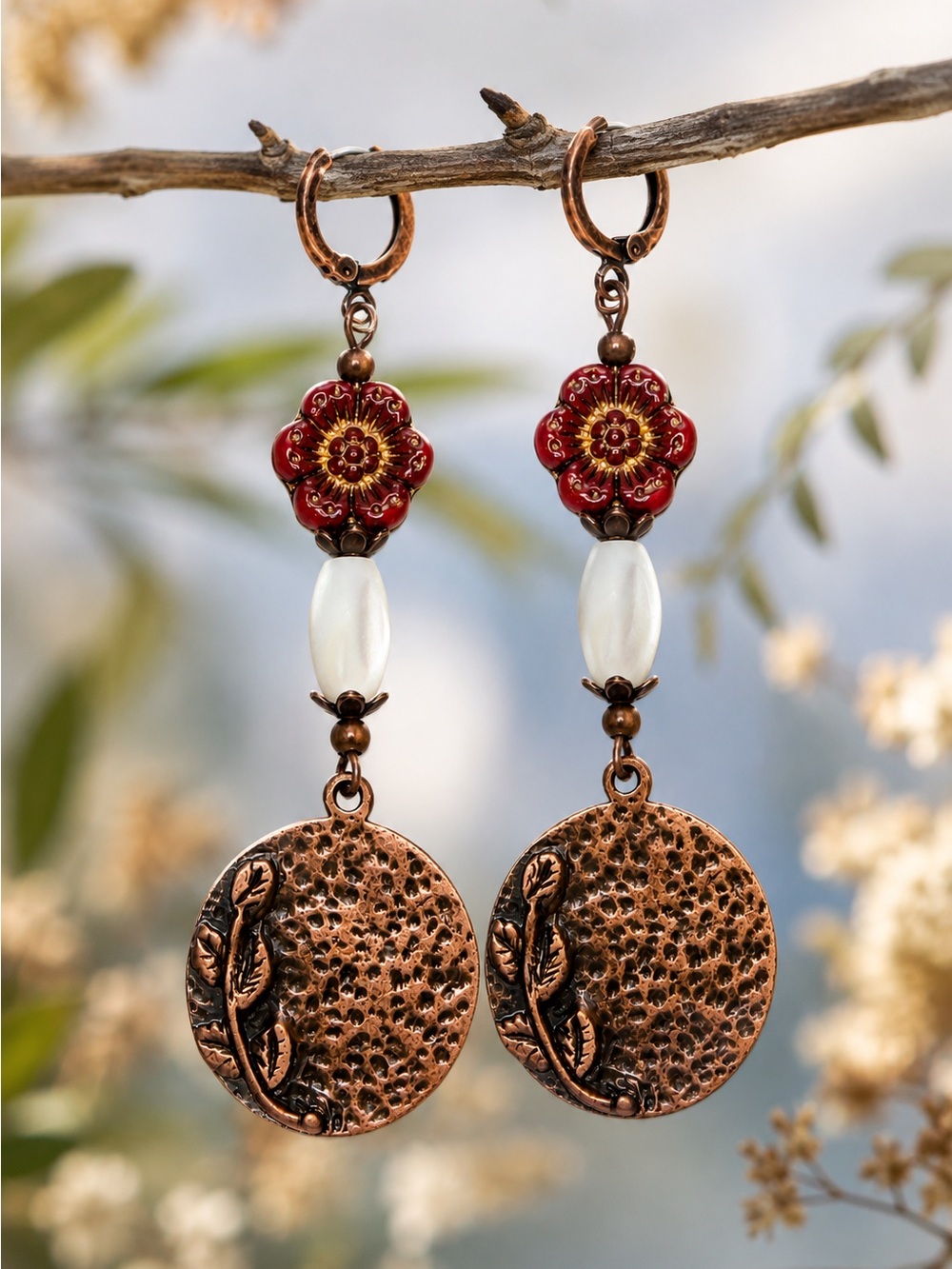 Red Czech Glass & Mother of Pearl | Hammered Copper Floral Artisan Earrings